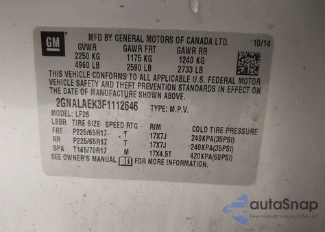 2015 Chevrolet Equinox Ls z USA, uszkodzony, nr VIN 2GNALAEK3F1112646